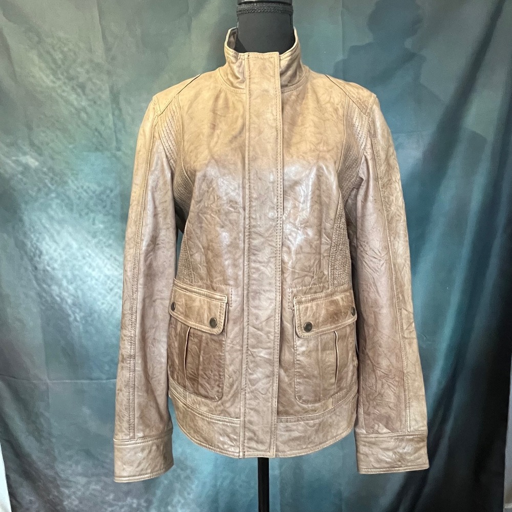 S.Oliver Distressed‎ Lamb Napa Leather Jacket Size Medium Tan Womens Moto Style